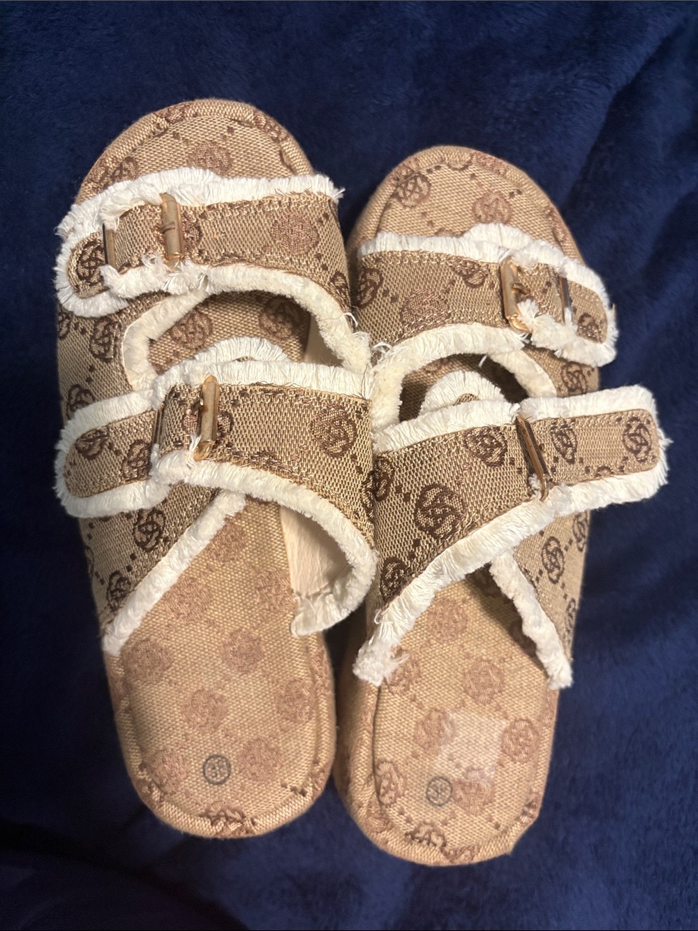 Guess Tan Frayed Double-Buckle Slide Sandals